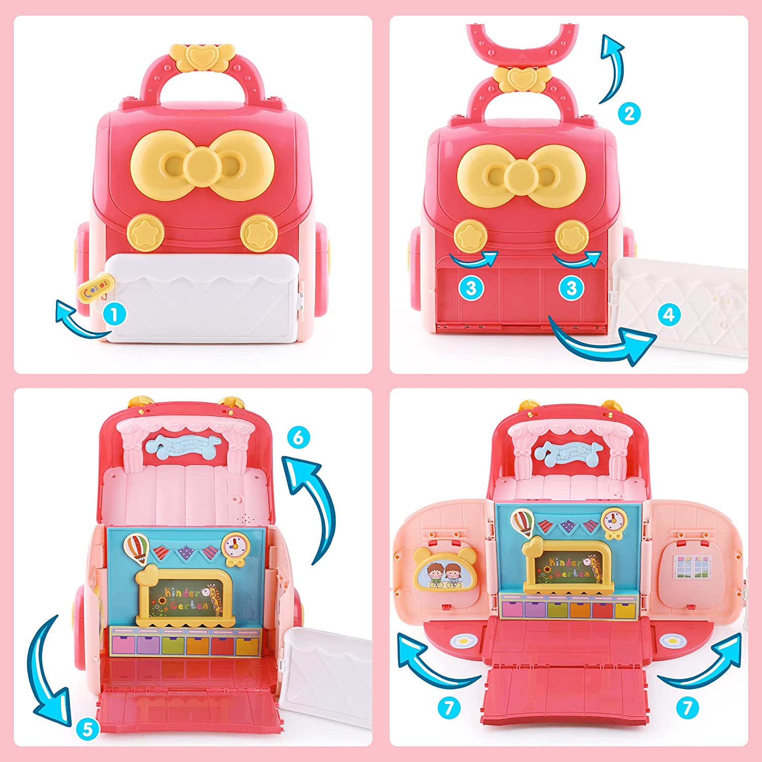 Girls Pretend Play Doll House School Set with Portable Backpack