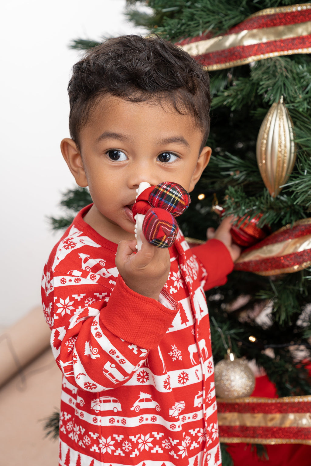 Snowflake Holiday Natural Rubber Teether w/Gingham Rattle Ball