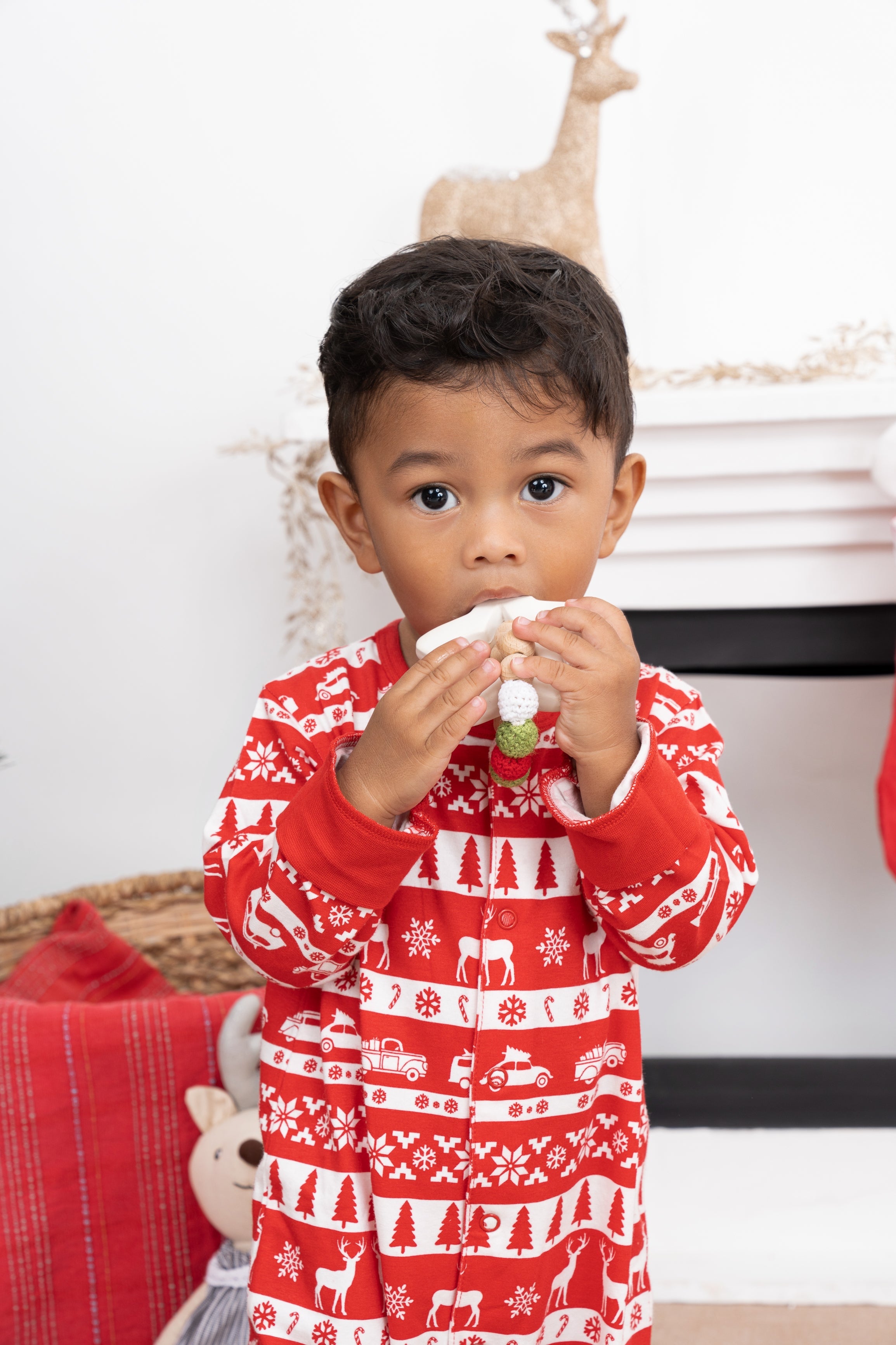 Snowflake Holiday Natural Rubber Teether w/Gingham Rattle Ball